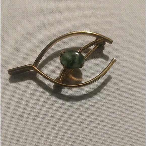 Vtg 50s BAL RON Green Connemara Jade Irish Wishbone 12K Gold Filled Pin Brooch - Picture 1 of 5